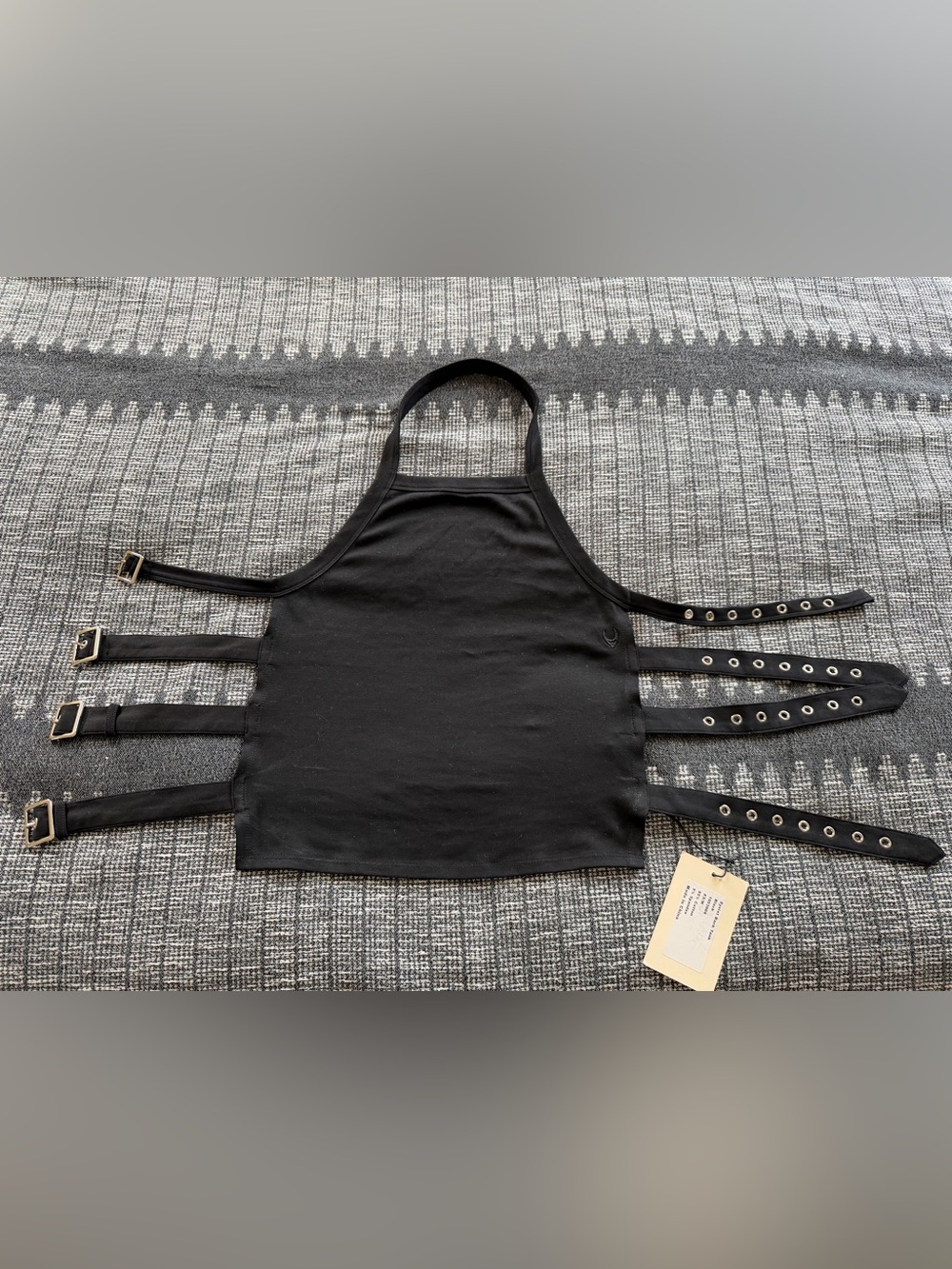 FANG Black Halter Crop Top with Buckle Strap Details